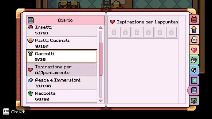 Screenshot di un videogioco con la traduzione italiana automatica: «Diario / Insetti 53/93 / Piatti Cucinati 9/167 / Raccolti 5/38 / Ispirazione per / l’appuntamento / Pesca e…