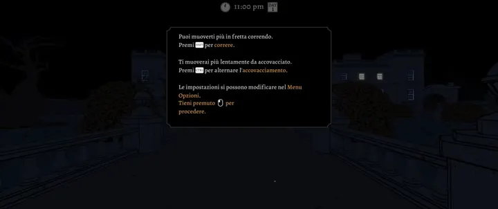 Screenshot di The Séance of Blake Manor con la traduzione italiana automatica: «Ti muoverai più lentamente da accovacciato. / Premi [CTRL] per alternare l’accovacciamento.»