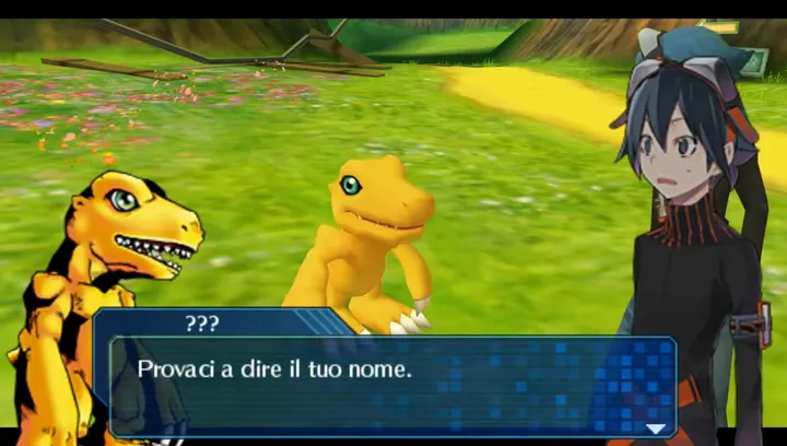 Screenshot di Digimon World Re:Digitize con la traduzione italiana automatica: «??? / Provaci a dire il tuo nome.»