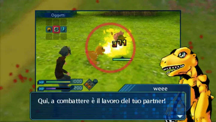 Screenshot di Digimon World Re:Digitize con la traduzione italiana automatica: «Qui, a combattere è il lavoro del tuo partner!»
