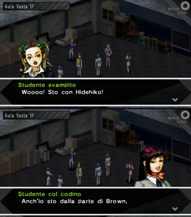 Screenshot di Shin Megami Tensei: Persona con la traduzione italiana automatica: «Studente svampito / Woooo! Sto con Hidehiko! […] Studente col codino / Anch’io sto dalla parte…