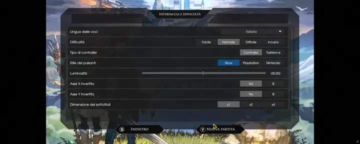 Screenshot di Edge Of Eternity con la traduzione italiana automatica: «Tipo di controller / Controller / Tastiera e»